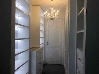 Built in Wardrobe, white with shelves, drawers and glass top jewellery insert
