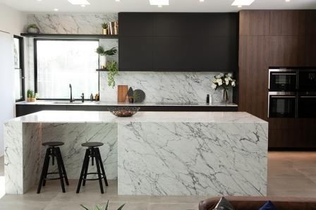 modern kitchen with stone, veneers and fingerprintless cabinets