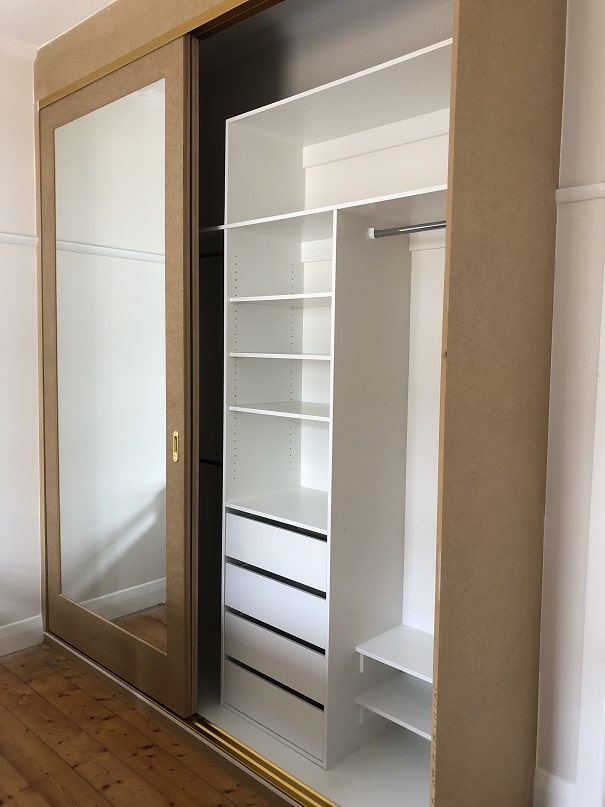 built in robe raw mdf sliding mirrored doors single hang shelves