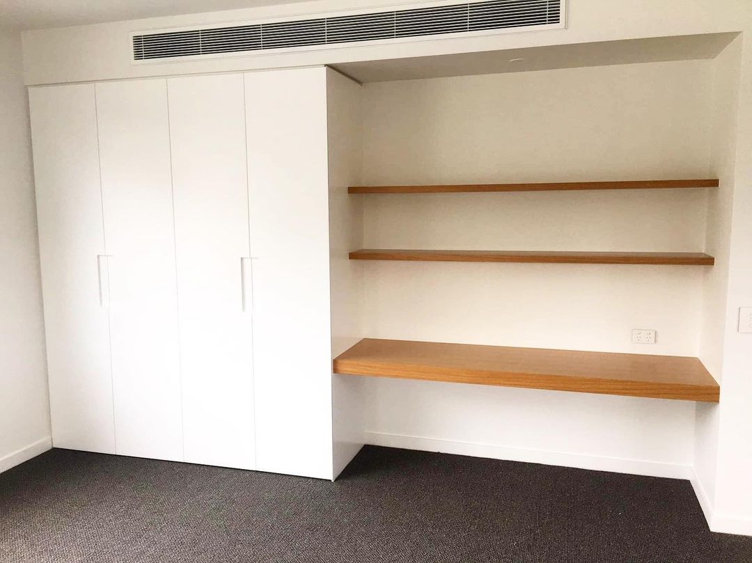 wardrobe makers - white built in 4 door hinged wardrobe with timber builtin desk and overhead shelves